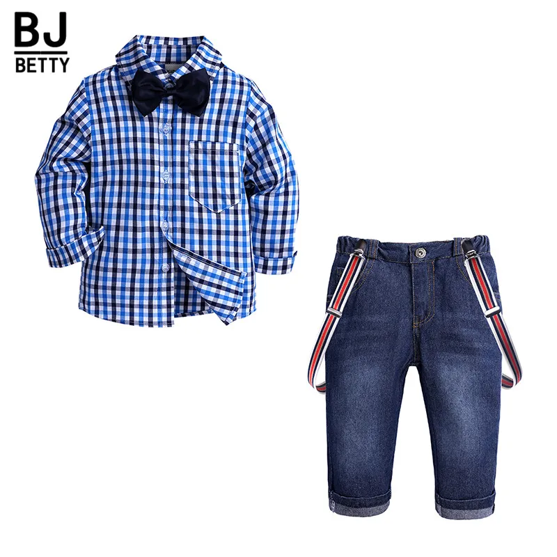 

Long-sleeve Boys Clothing Set Blue and White Plaid Shirt + Suspenders Jeans Casual Kids Clothes for Children Boy Suit Set BB476