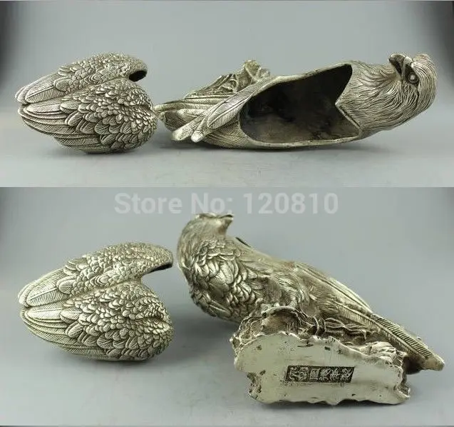 

Collectible Decorated Old Handwork Tibet Silver Carve Eagle On Tree Box & Statue