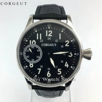

44mm Corgeut S.S Leather Band Black Dial Seagull Hand Winding Movement Mens Watch
