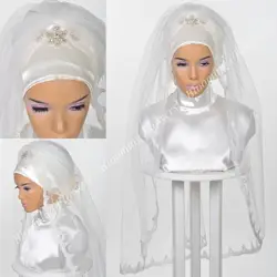 Мусульманские свадебные хиджаб 2019 кристаллы бисер Исламская фаты кружево аппликации тюрбан для невесты Глава покрытия Локоть Длина