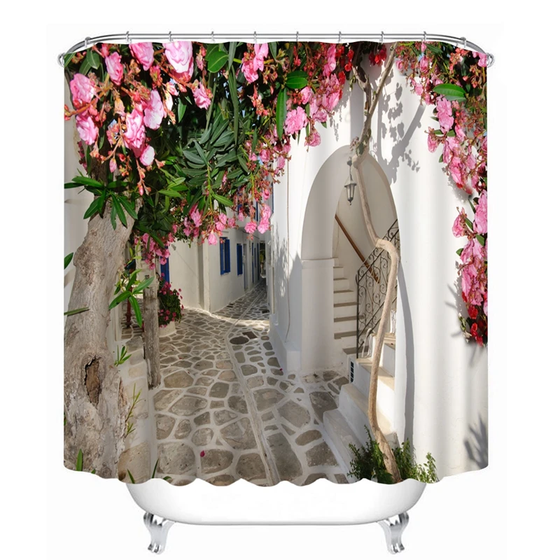 

3D View Shower Curtain Flowers Landscape Wall Pattern Bathroom Curtain Waterproof Washable Bath Curtain Customizable