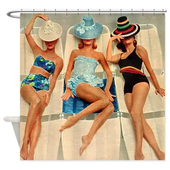 

Retro Sunbathers Trio Decorative Fabric Shower Curtain Set and Anti-slip Floor Mat Outdoor Rugs