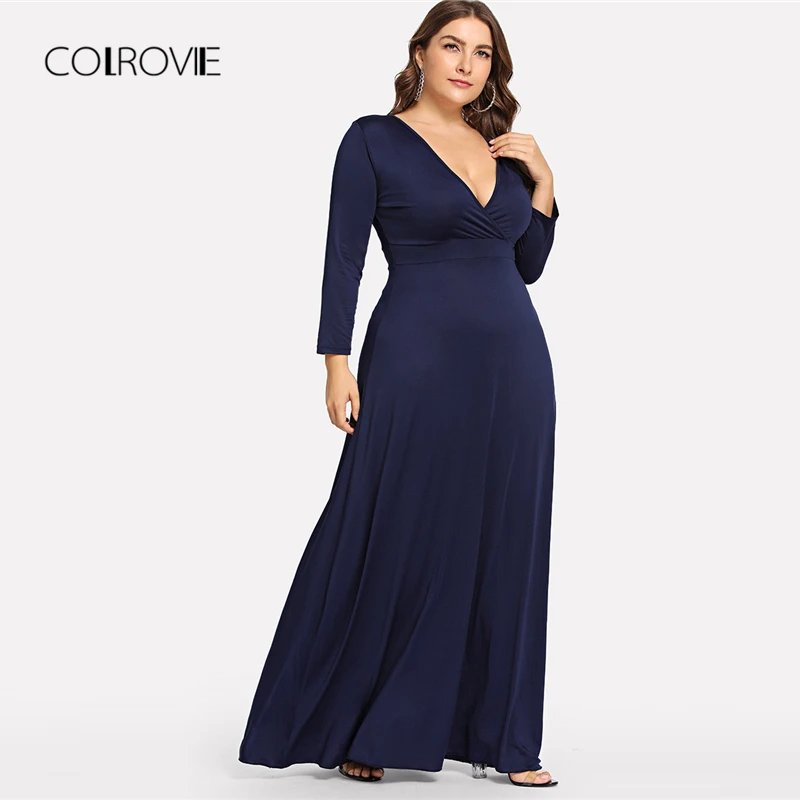 

COLROVIE Plus Size Navy Solid Deep V Neck Party Dress Women 2018 Autumn Long Sleeve Elegant Dress Vintage Winter Maxi Dresses