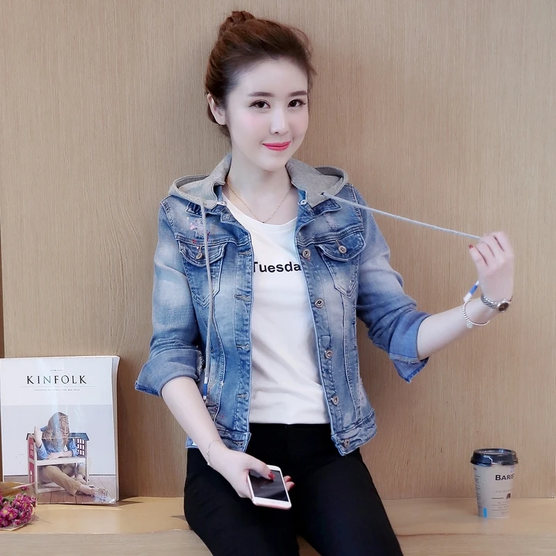 

S-3XL New Youth Women Denim Jacket Spring 2019 Fashion Girls Hooded Color-dots Hollow-out Coat Slim Cotton Tops Outerwear Female