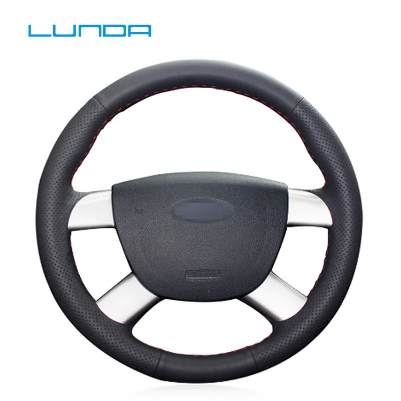 

LUNDA Black Leather Car Steering Wheel Cover for Ford Kuga 2008-2011 Focus3 special hand-stitched steering wheel cover