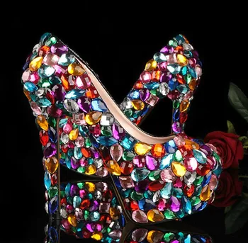 

Fashion Crystal Glitter Multicolor Round Toe Wedding Shoes Ladies Platform High Heel Evening Shoes Dancing Dress Shoes for Woman