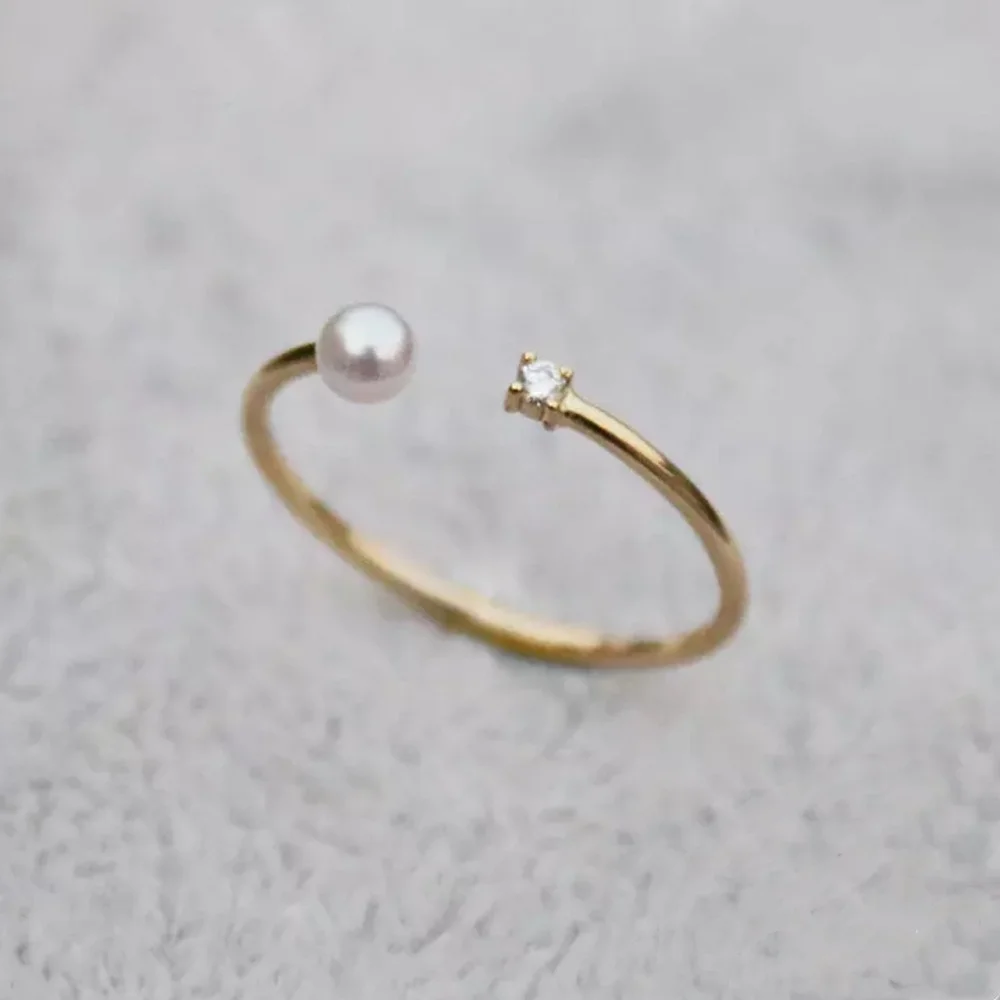 New Plated 14K Yellow Gold Ring Japanese Light Luxury Natural Shell Pearl with Diamond Open Rings Jewelry | Украшения и
