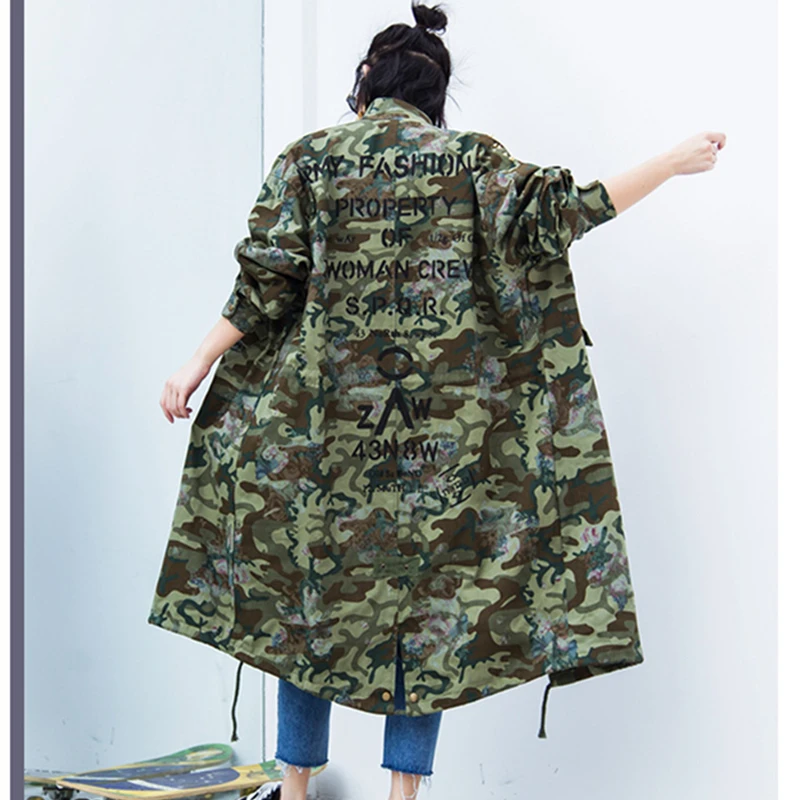 Automne Femmes Designs Manteau Patch Trench Hop Zipper Décontracté Coton coats Camouflage De Hip À Lyl391 Capuche Long Élégant Windbreake xqCCwgrt