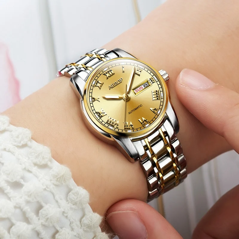 AESOP Gold luxury Watch Women Japan Movement Mechanical Automatic watch Ladies Stainless steel Golden Female Clock Women - Цвет: Gold gold lady