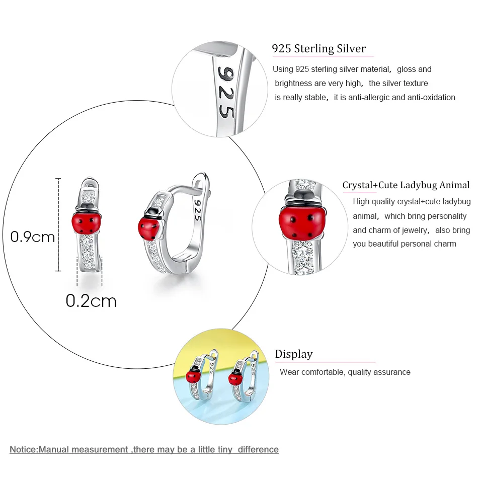 Подлинные 925 пробы серебряные серьги с кристаллами CZ красная Розовая эмаль Милая Божья коровка цветок сердце серьги-гвоздики для девочек детские ювелирные изделия