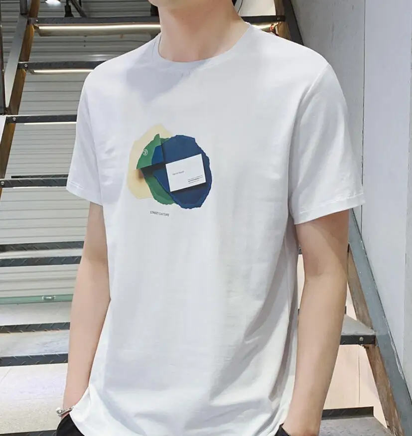 

2019 New FA6936 Men's T-shirt Funny Print T shirt Men Brand Summer Round Neck White Cotton Short-sleeved Tee Shirt Homme