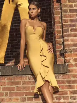 

Top Quality Women's HL Bandage Dress Sexy Strap Ruffles Bodycon Midi Dress V-Neck Fashion Celebrity Dress Vestidos