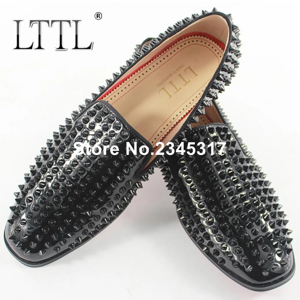 

New Arrival Patent Leather Shoes Men Black Rivet Loafers Gentleman Red Bottom Wedding And Party Shoes Summer Men's Slipper Flats