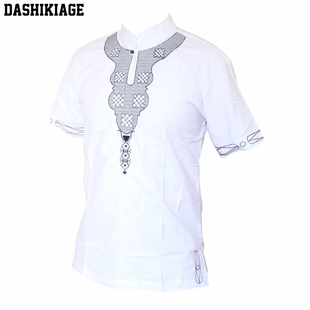 

Dashikiage White African Fashion Mens Unique High Quality Embroidery Design Causal T-shirt Cool Outfit Tops