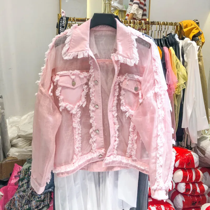 

[EWQ] 2019 Summer New Casual Long Sleeves Loose Thin Section Stitching Mesh Pink Jacket Top Turn-down Collar Trend Coat QJ51411