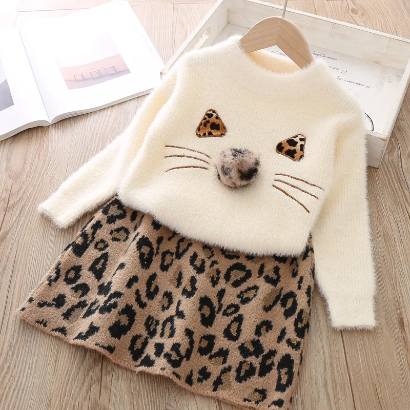 Yorkzaler Autumn Winter Kids Clothing Set For Girls Long Sleeve Sweater With Printed Leopard Skirt Casual Children 2pcs Outfits