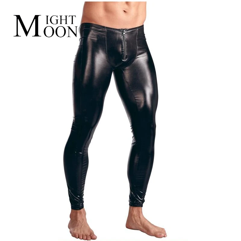 MOONIGHT Fashion Men Black Faux Leather Pants Long Trousers Sexy