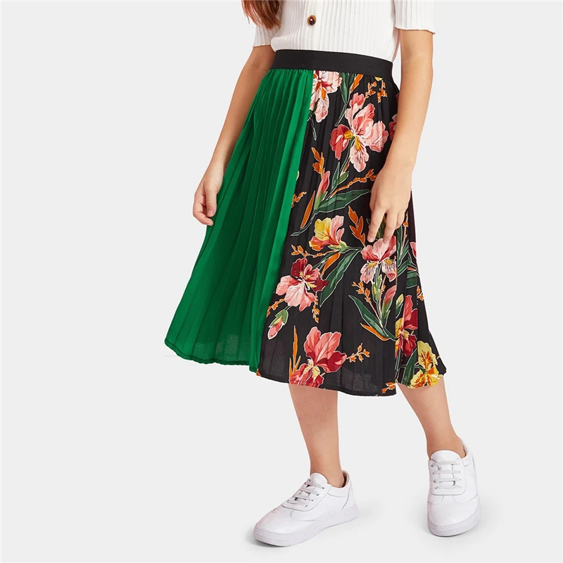 SHEIN/Повседневная плиссированная юбка с вырезами и вышитым растительным принтом для девочек детская одежда г. Весенняя элегантная длинная юбка с цветочным рисунком в Корейском стиле