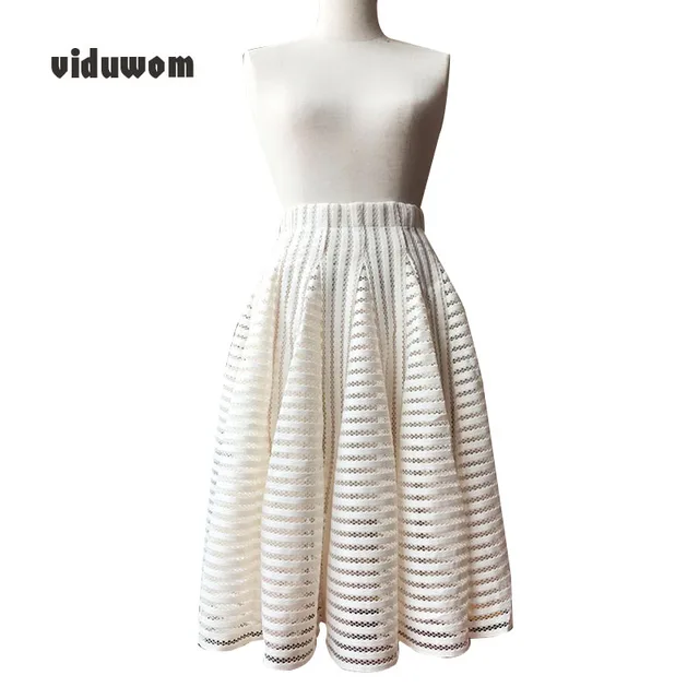 Summer Hollow Out skirt short midi Ball Gown office women high waist skirt Fashion Pink Rice white Casual skirts womens 