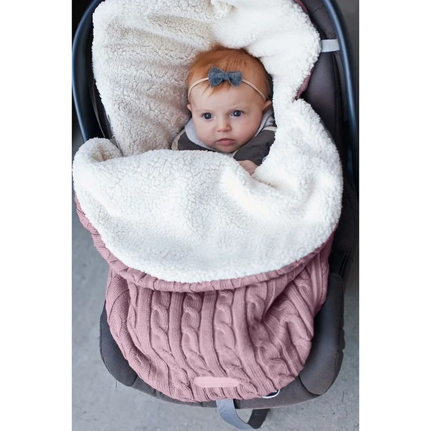 Зимняя вязаная утолщенная пеленка для сна для малышей однотонная теплая прогулочная коляска для новорожденных спальный мешок мягкий конверт для новорожденных - Цвет: Pink