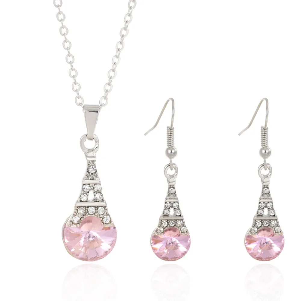 

Romantic Pink Crystal Silver Eiffel Tower Short Earrings & Pendant Necklace for Women 2pcs/set
