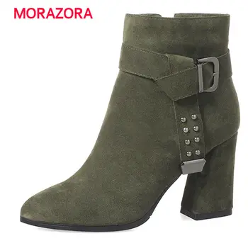 

MORAZORA 2018 new fashion high heel ankle boots for women pointed toe square heel cow suede leather boots autumn winter boots