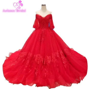 

2019 High-end Custom Made Red Lace Wedding Dresses Puffy Sleeve Bridal Ball Gown Wedding Dress Big Skirt Custom Vestido De Noiva