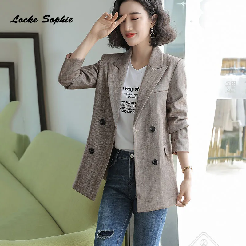 Women's Plus size Blazers coats 2019 Autumn cotton blend stripe Double-breasted Small Suits jackets ladies Skinny Blazers Suit