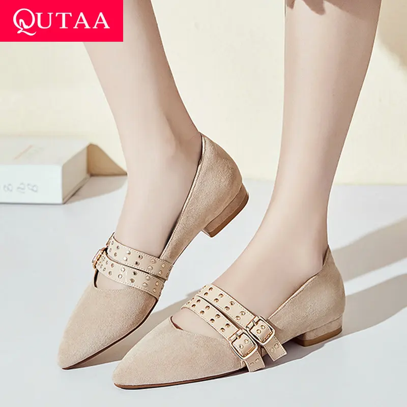 

QUTAA 2019 Woman Flats Slip on Square Low Heel Flock Pointed Toe Double Buckle Shallow Basic Single Shoes Spring Size 34-43