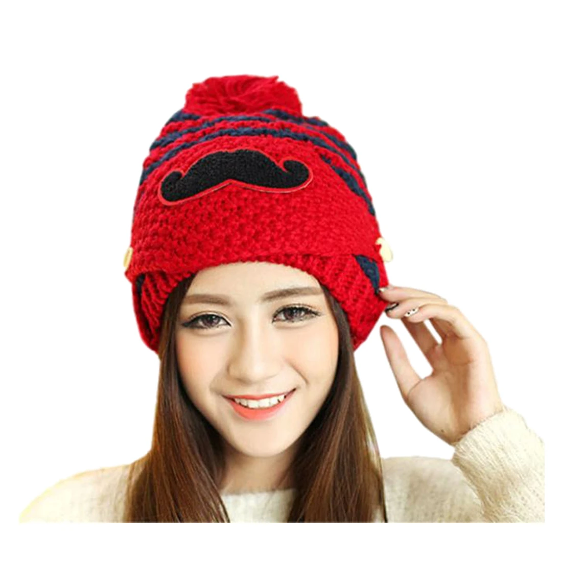 

BISM Women Lady Winter Crochet Beard Beanie Mustache Mask Face Warm Ski Knit Hat Cap red