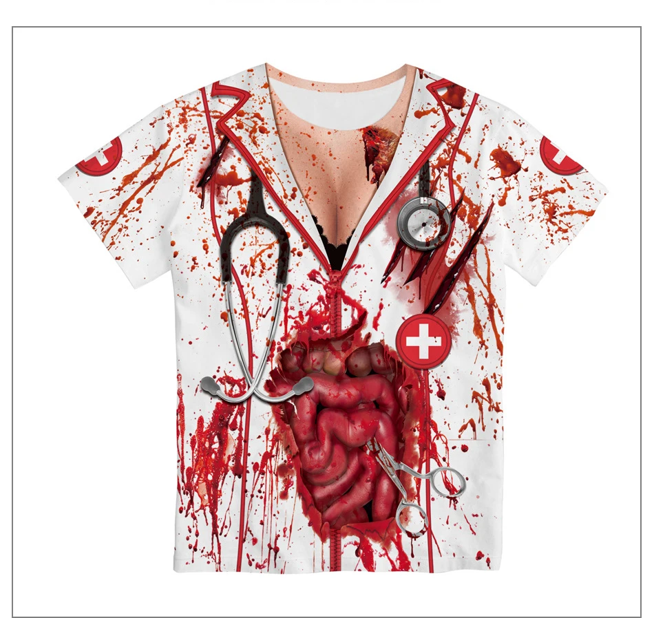 

Women wear novelty printed turtel neck blood Casual Tees Short Sleeve zip up Street wear Halloween V neck US sizes tshirt