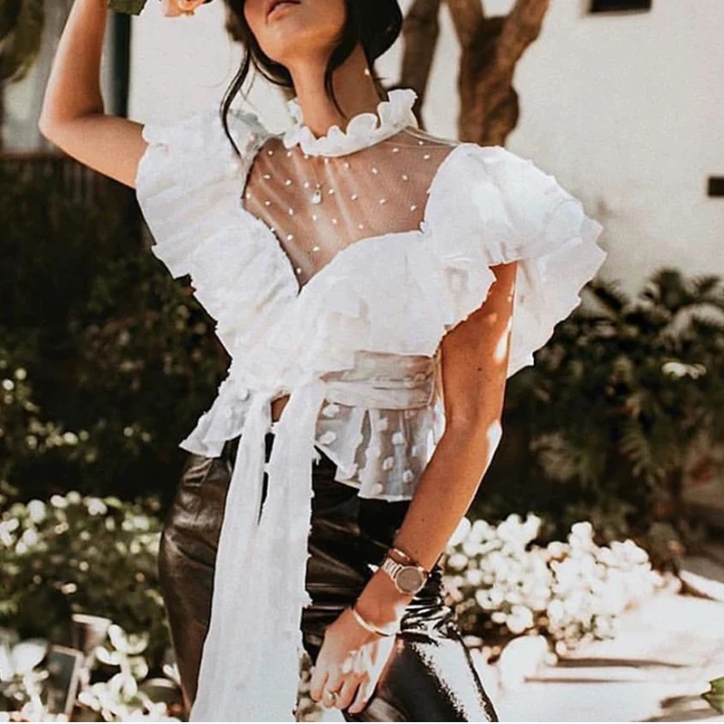 2019 New Sexy Lace Mesh Women Tops Elegant Ruffled Sashes Female Tops And Blouses Summer Casual Short Sleeve Black White Blouses 2019 New Sexy Lace Mesh Women Tops Elegant Ruffled Sashes Female Tops And Blouses Summer Casual Short Sleeve Black White Blouses