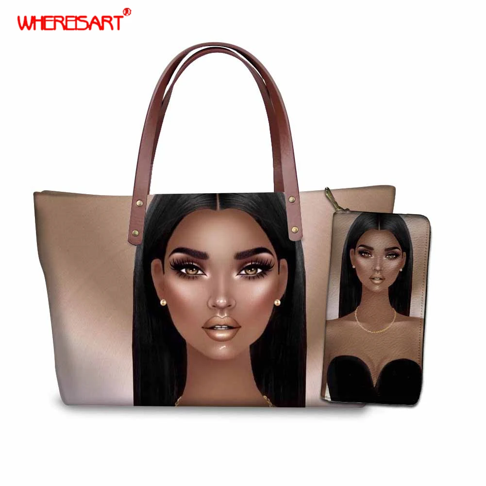 

WHEREISART African Hairstyle Prints Afro Girls Women Messenger Bag Large tote Bag for Women Vogue Purse with Handbag Set 2019