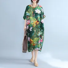 Johnature, стиль, хлопок, лен, цветочный принт, повседневное, литературное, свободное, женское платье, половина рукава, весна-лето, женское платье