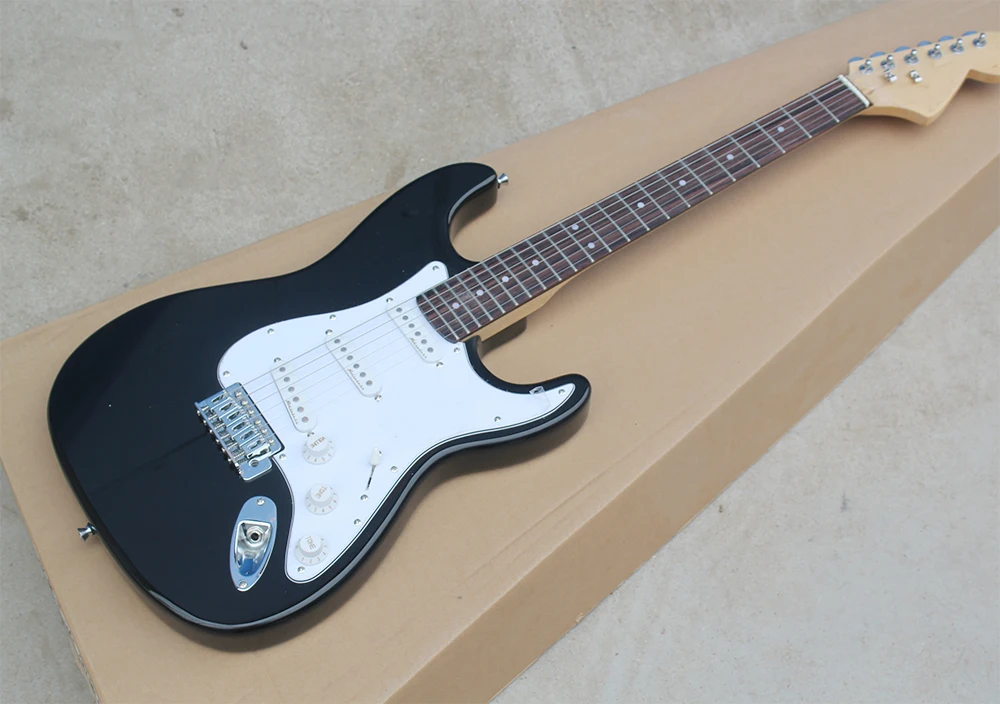 Black Electric Guitar with White Pickguard,Rosewood Fretboard,SSS