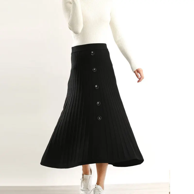 Smpevrg осенне-зимняя трикотажная Женская юбка, длинная стильная эластичная юбка трапециевидной формы с высокой талией, Женская Офисная трикотажная юбка в стиле ампир - Цвет: black
