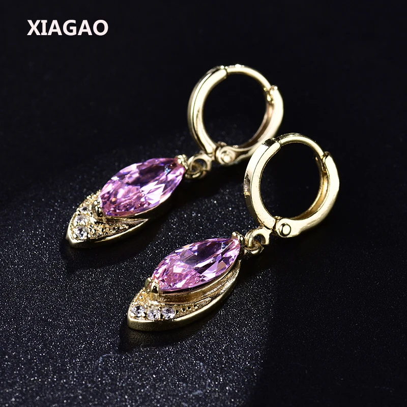 

XIAGAO Trendy Long Oval Drop Earrings for Women Gold-color Dangle Piercing Earring Pink CZ Zircon Crystal Wedding Jewelry E016