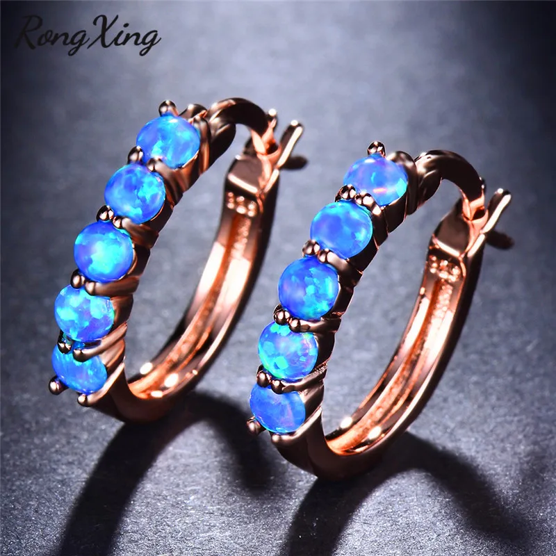 

RongXing Blue/White Fire Opal Rose Gold Hoop Earrings for Women Vintage Fashion Birthstone Earrings Female Wedding Jewelry Gifts