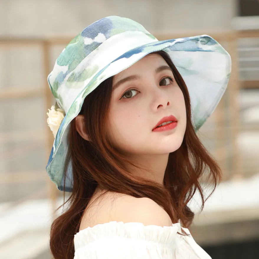 

Fashion female summer new graffiti watercolor organza big edge visor collapsible sun protection basin cap cloth hat