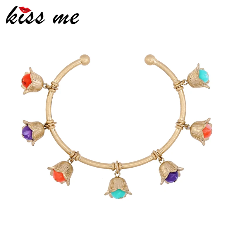 

KISS ME Brand Colorful Acrylic Flower Cuff Bracelet Female Unique Copper Alloy Vintage Open Bangle Women Jewelry