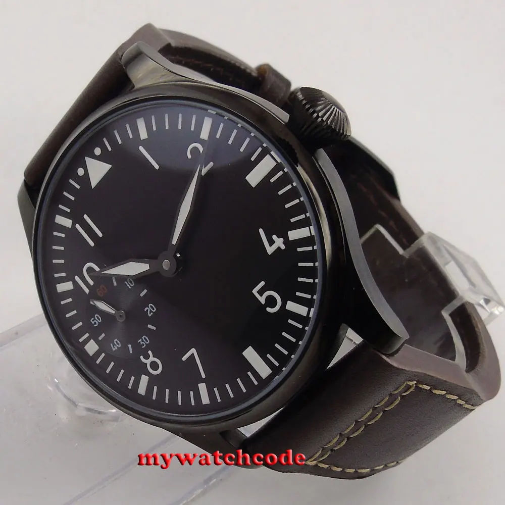 

44mm parnis black dial luminous PVD 6497 hand winding movement mens watch 290B