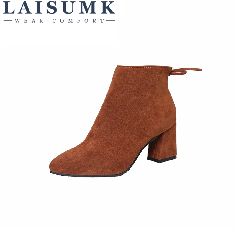 

LAISUMK Women Boots Autumn Winter Suede High Quality Solid Lace-up European Ladies shoes Fashion High Heels Boots Women Shoes