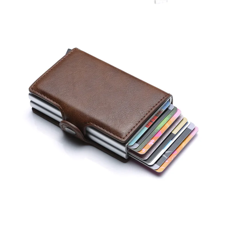 Новинка, двухслойный анти-RFID мужской кожаный держатель для карт, металлический чехол для ID карты, алюминиевый защитный мужской кошелек для путешествий