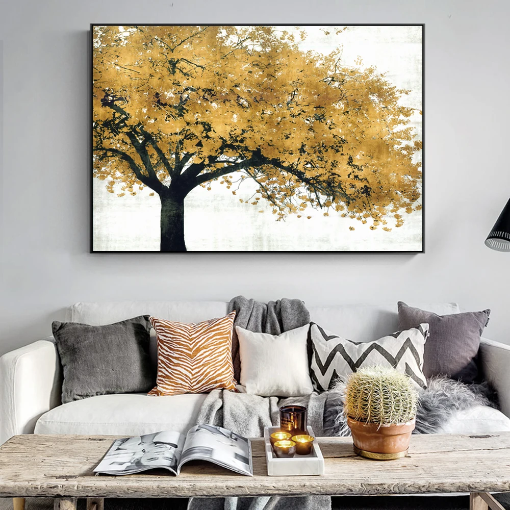 Nordic Vintage Golden Trees Posters Modern Pop Wall Art Canvas Prints