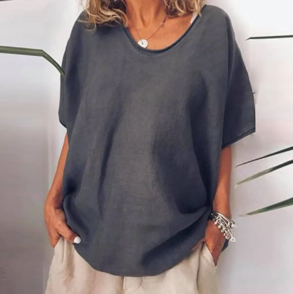 Летняя модная однотонная тонкая хлопковая льняная блузка свободного кроя размера плюс, женские топы, женская рубашка с коротким рукавом, Blusas Femininas, пуловер - Цвет: Dark Gray