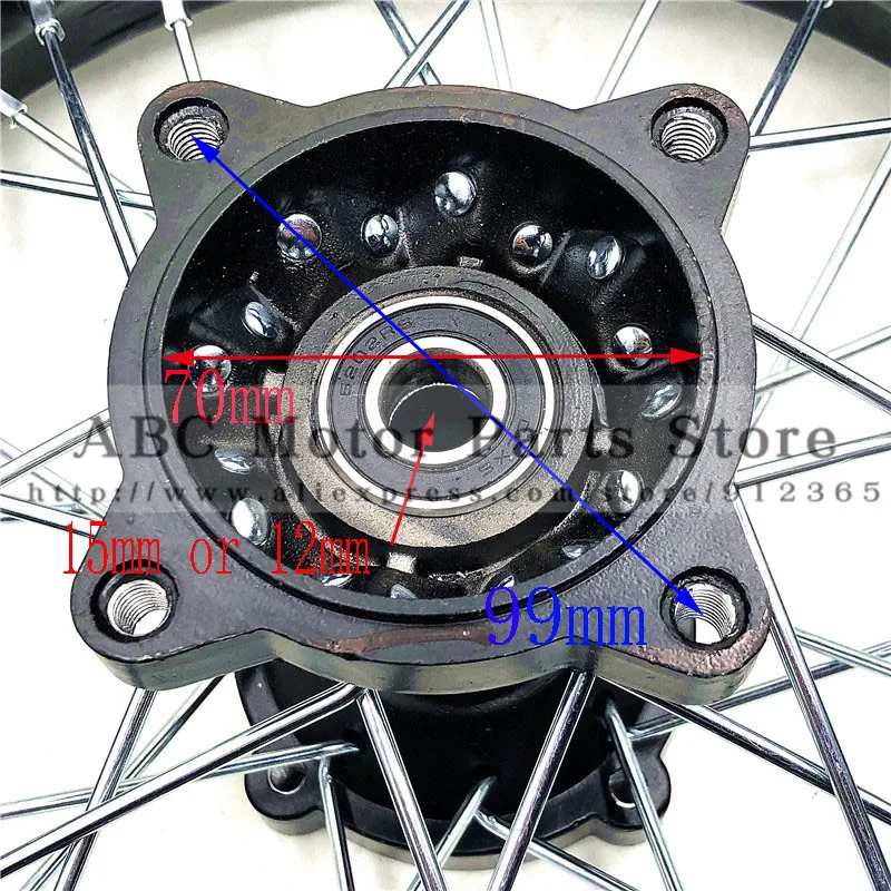 80/100-12 Guangli Tyres 1.85 x 12inch Rear Rims Wheel Steel Hub Black Wheels 32 spoke 15mm axle hole dirt pit bike Kayo Apollo