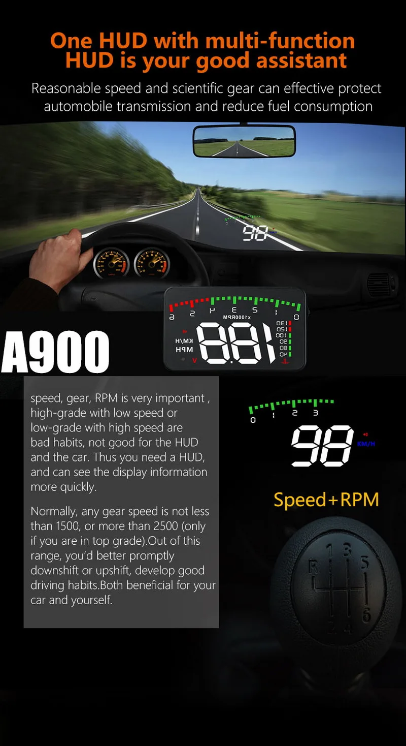 Горячая Распродажа A900 3,5 дюймов HUD Дисплей gps функция цифровой спидометр потребление данных OBD 2 красочные головок вверх