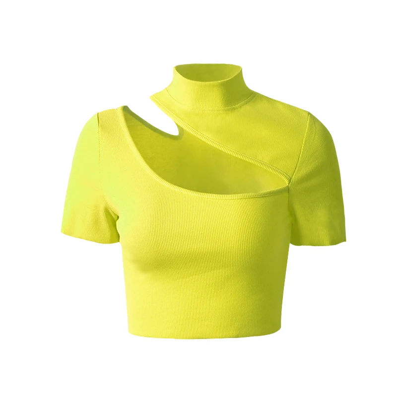 

fashion t-shirt woman summer 2019 cut out crop top shirt plus size tee shirt casual high neck ribbed tops lady neon clothes 8189
