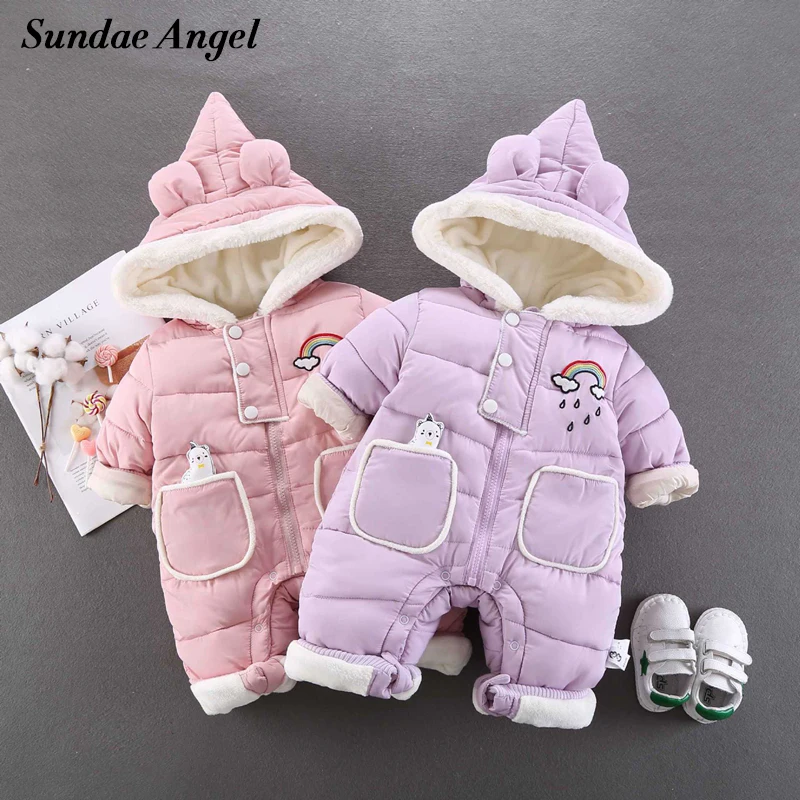 

Sundae Angel Baby jumpsuits rompers Hooded Thicken Warm Baby girl winter rompers 2018 Plus Velvet Baby boy winter clothes 3M-12M