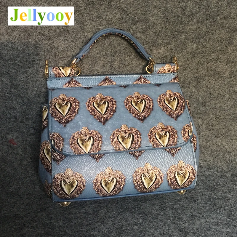 Love Heart 2018 Love Print Genuine Leather Personality Handbag Fashion Blue Casual Top Handle Tote Bag Carry Female Shoulder Bag